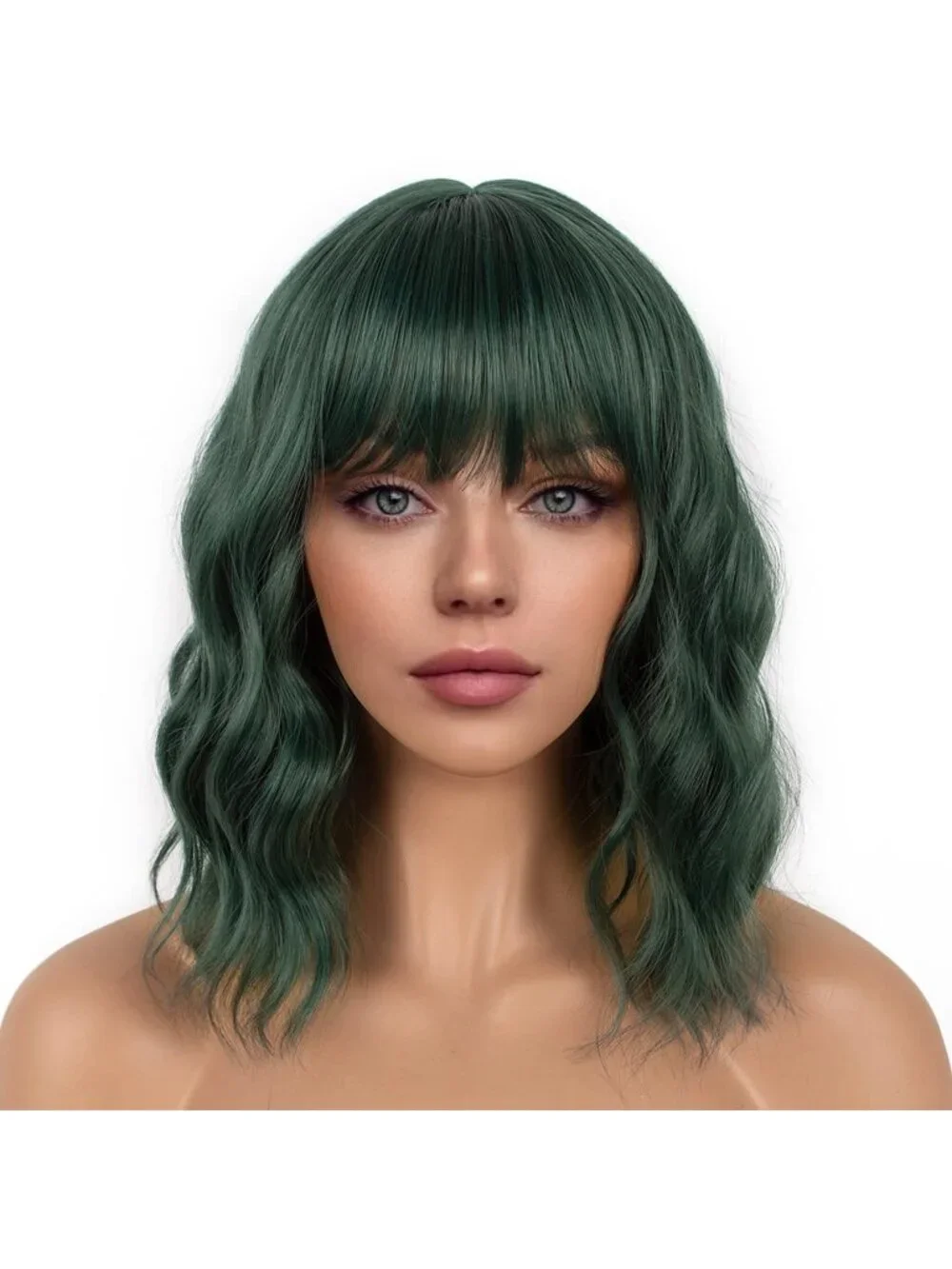 Women's Dark Green Shoulder Length Synthetic Loose Wavy Short Bob Wigs Bangs